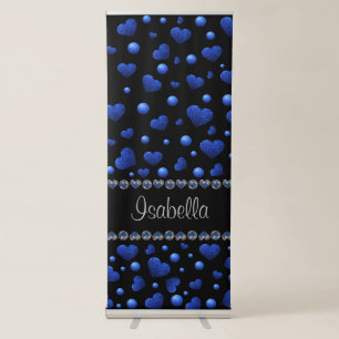 Custom name, Blue heart glitter pattern Retractable Banner