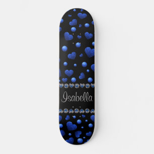 Custom name, Blue heart glitter pattern  Skateboard