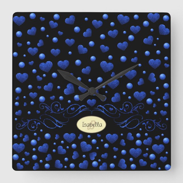 Custom name, Blue heart glitter pattern  Square Wall Clock (Front)