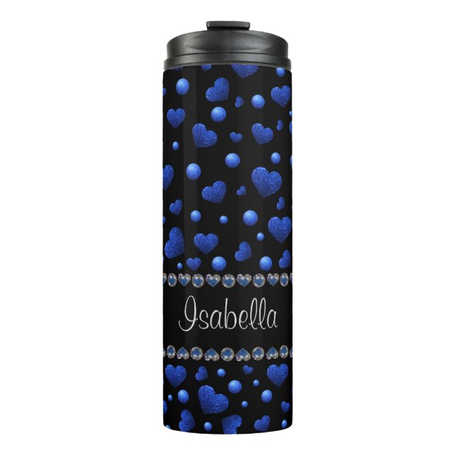 Custom name, Blue heart glitter pattern Thermal Tumbler (Front)