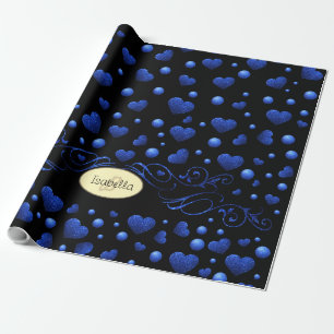 Custom name, Blue heart glitter pattern Wrapping Paper