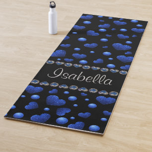 Custom name, Blue heart glitter pattern  Yoga Mat