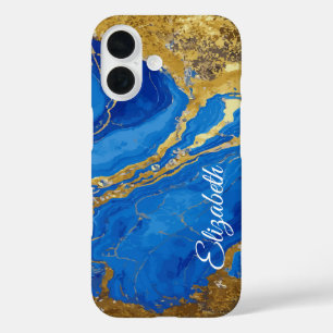 Custom Name Blue Marble and Gold Leaf iPhone 16 Case