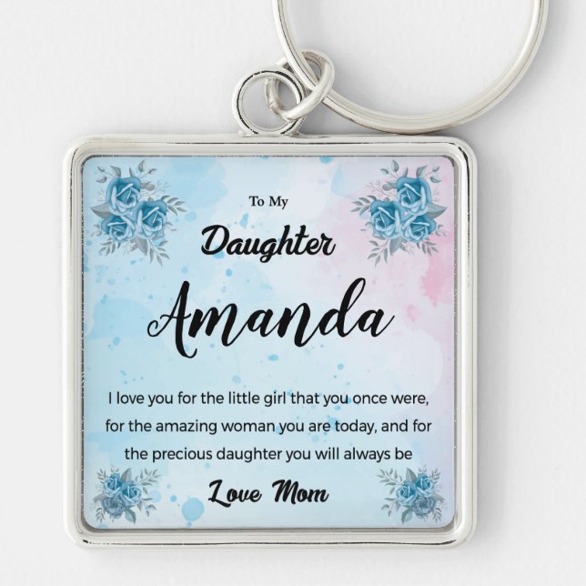 Custom Name Blue Message for Daughter from Mum Key Ring (Front)
