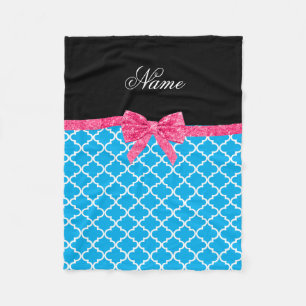 Custom name blue moroccan pattern pink glitter bow fleece blanket