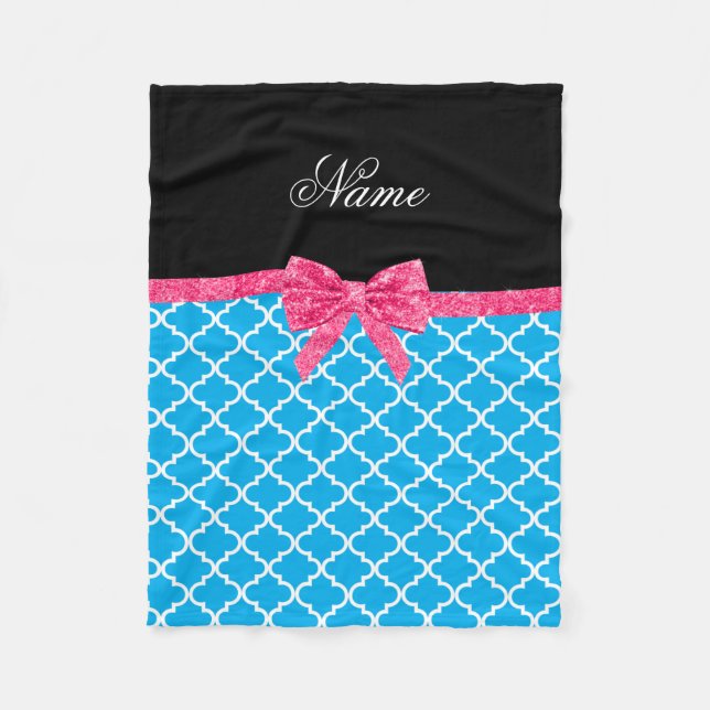 Custom name blue moroccan pattern pink glitter bow fleece blanket (Front)