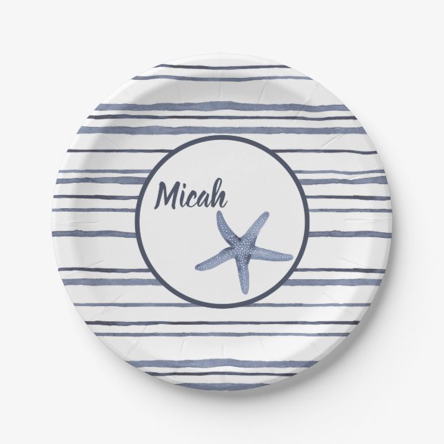 Custom Name Blue Nautical Starfish Plate (Front)