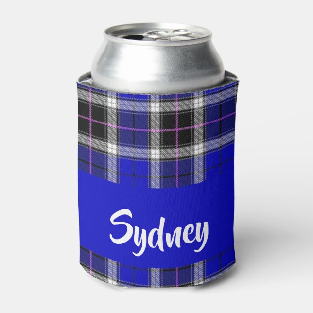 Custom name blue plaid pattern can cooler (Can Front)