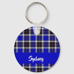 Custom name blue plaid pattern key ring