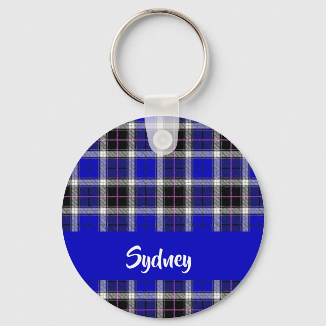 Custom name blue plaid pattern key ring (Front)