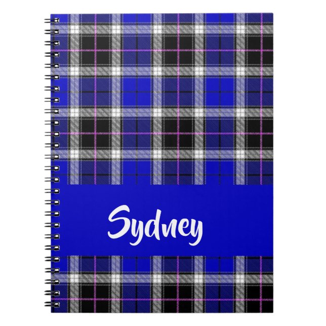 Custom name blue plaid pattern notebook (Front)