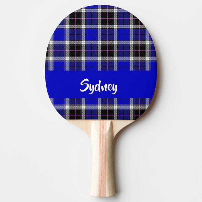 Custom name blue plaid pattern ping pong paddle (Front)