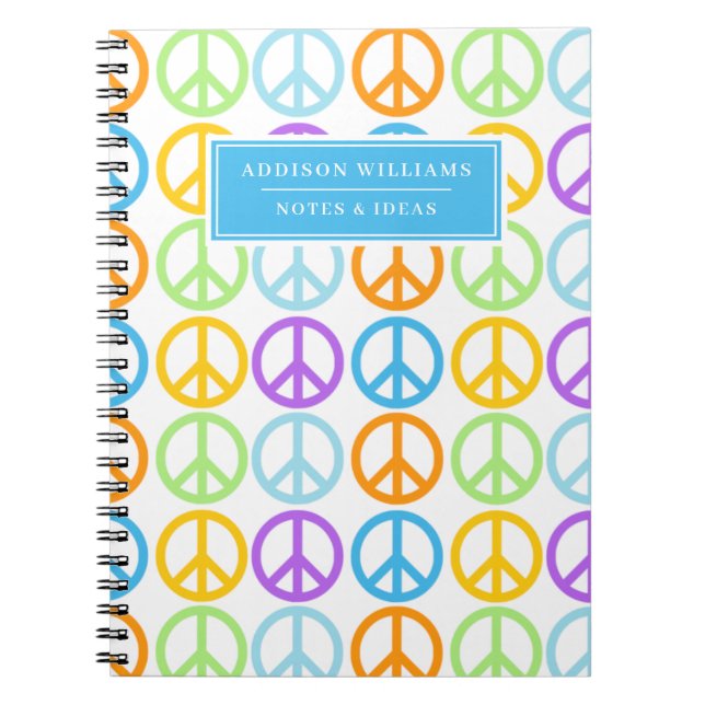 Custom Name Blue Purple Peace Sign Pattern Notebook (Front)