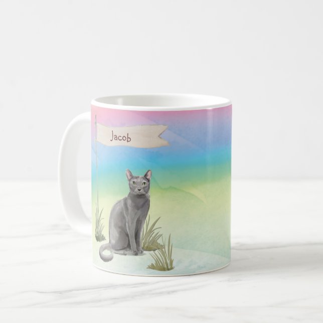 Custom Name Blue Russian Cat Pet Coffee Mug (Front Left)