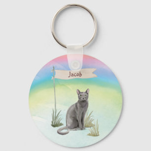 Custom Name Blue Russian Cat Pet Key Ring