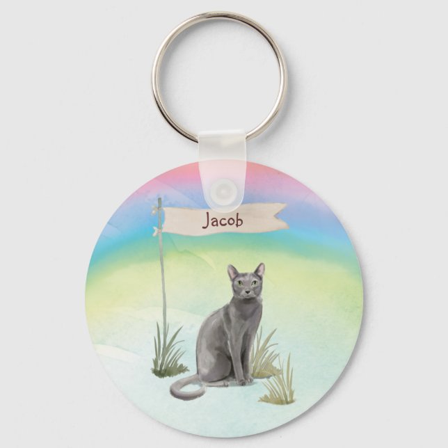 Custom Name Blue Russian Cat Pet Key Ring (Front)