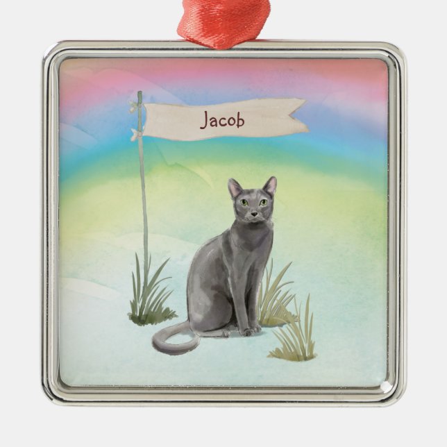 Custom Name Blue Russian Cat Pet Metal Tree Decoration (Front)