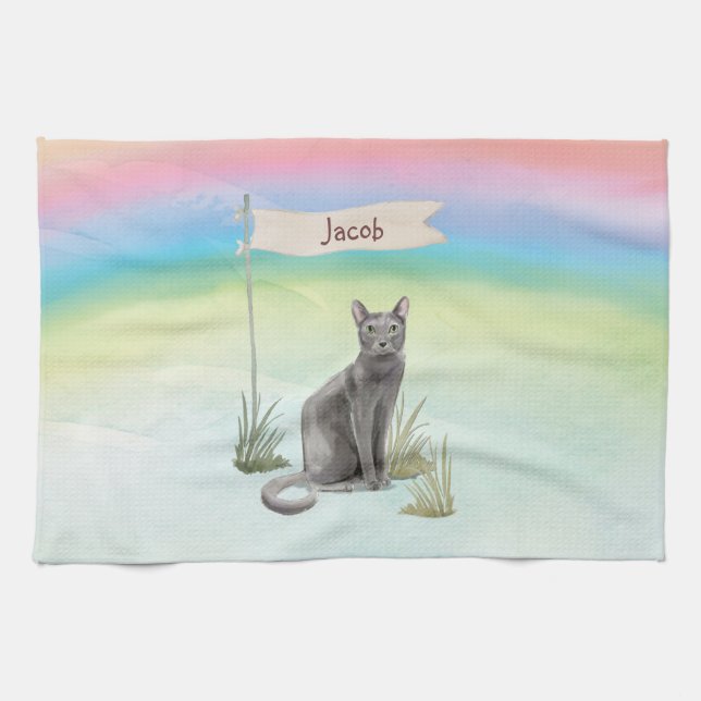 Custom Name Blue Russian Cat Pet Tea Towel (Horizontal)