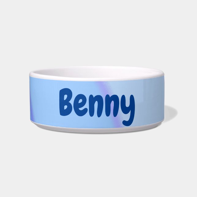 Custom Name Blue Swirls Ceramic Pet Bowl (Front)