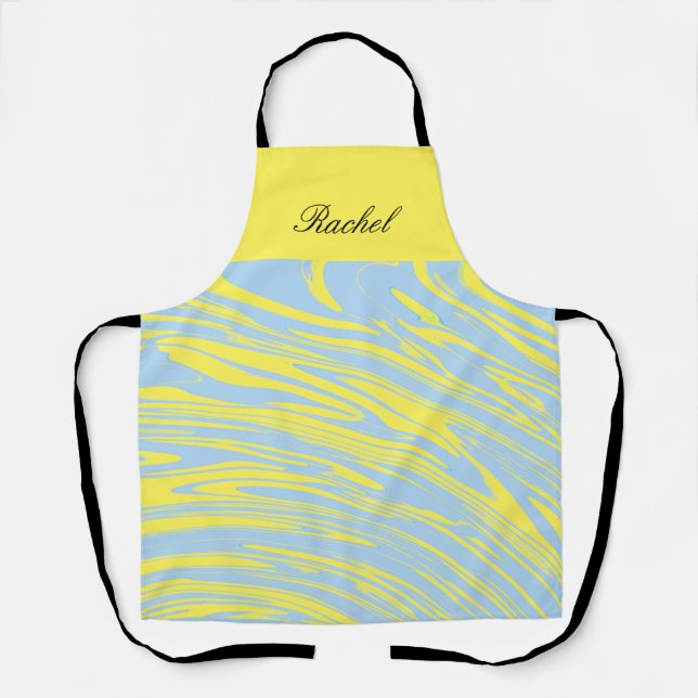 Custom Name Blue Swirls Yellow Abstract Patterns Apron (Front)