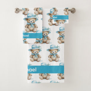 Custom Name Blue Teddy Bear Boy's Bath Towel Set