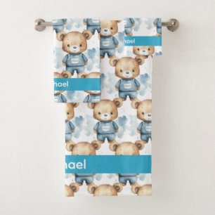 Custom Name Blue Teddy Bear Boy's Bath Towel Set