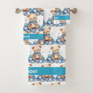 Custom Name Blue Teddy Bear Boy's Bath Towel Set