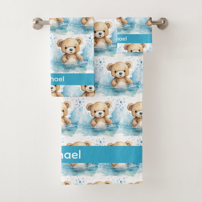 Custom Name Blue Teddy Bear Boy's Bath Towel Set (Insitu)