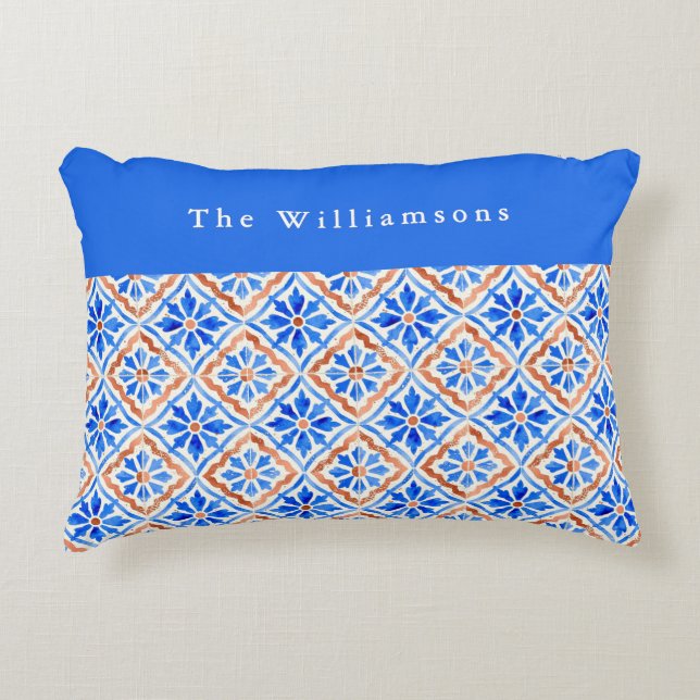 Custom Name Blue Terracotta Mediterranean Tile Decorative Cushion (Front)