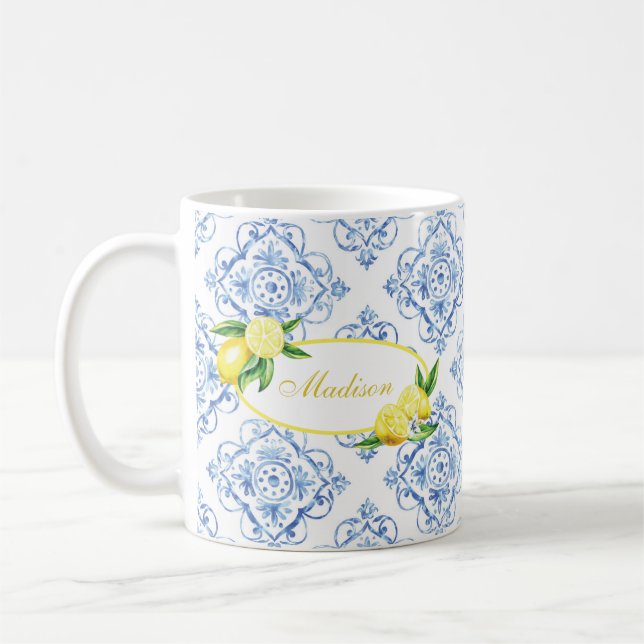Custom Name Blue Tile Italian Floral Lemon Coffee Mug (Left)