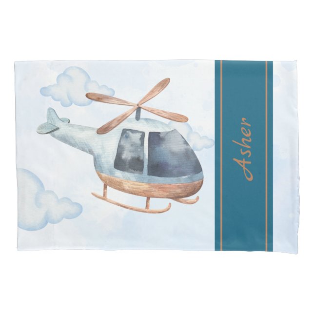 Custom Name Blue Watercolor Helicopter Boys Pillowcase (Front)
