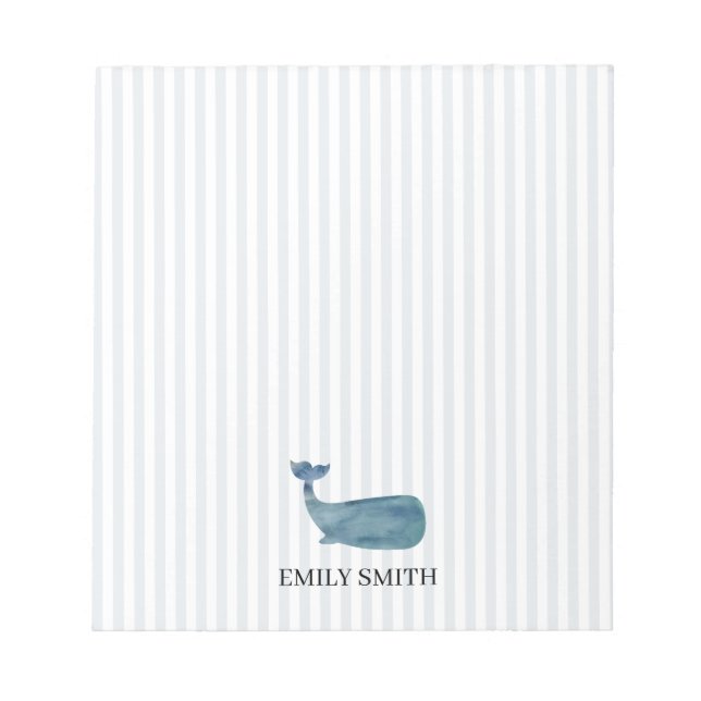 Custom Name Blue Whale Nautical Stripe Notepad (Front)