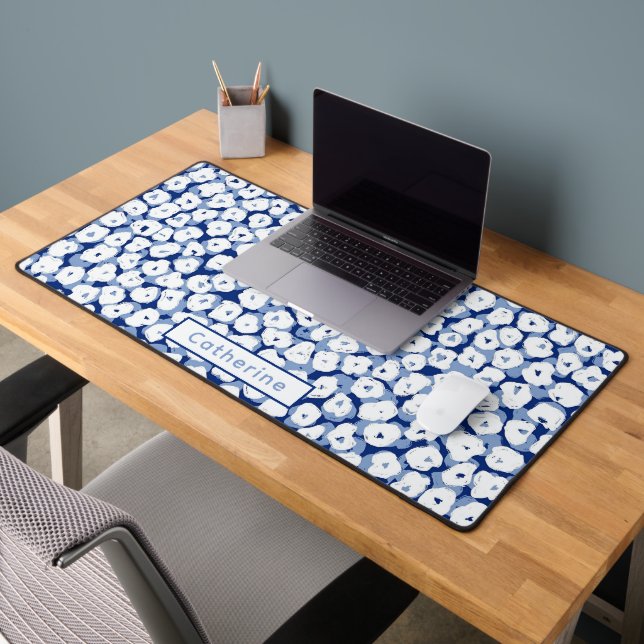 Custom Name Blue White Floral Cute Home Office Desk Mat (Office 2)