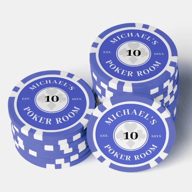 Custom Name Blue & White Las Vegas Denomination Poker Chips (Stack)