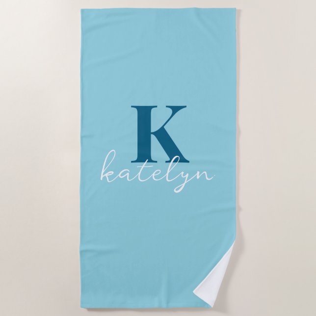 Custom Name Blue White Minimal Beach Towel (Front)