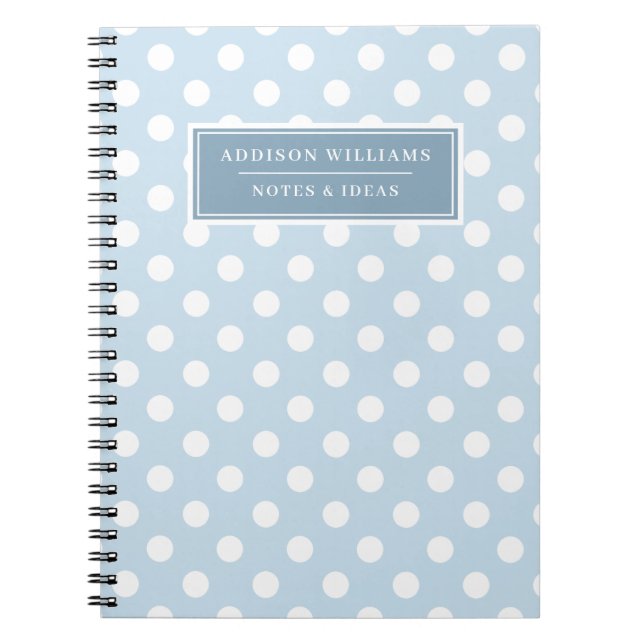 Custom Name Blue White Polka Dot Pattern Notebook (Front)