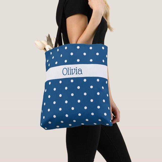 Custom Name Blue White Polka Dot Pattern Tote Bag (Close Up)
