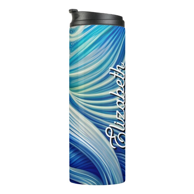 Custom Name Blue with Gold Abstract Ocean Waves Thermal Tumbler (Rotated Right)