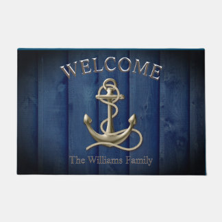 Custom Name Blue Wood Anchor Nautical Beach House  Doormat