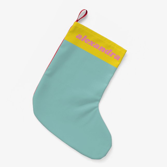 Custom Name Blue Yellow Pink Colour Block Christma Small Christmas Stocking (Front (Hanging))