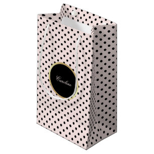 Custom Name Blush Pink Black Polka Dot Pattern Small Gift Bag