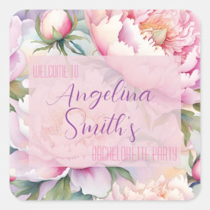 Custom Name Blush Pink Peony Bachelorette Party Square Sticker