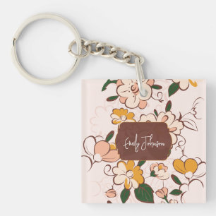 Custom Name Bohemian Peach Floral Script Name Key Ring