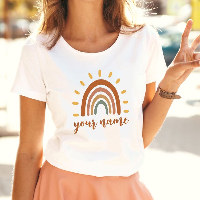 Custom Name Boho Earth Tone Rainbow Sun T-Shirt (Creator Uploaded)