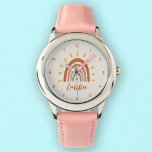 Custom Name Boho Earth Tone Rainbow Sun Watch<br><div class="desc">The Custom Name Boho Earth Tone Rainbow Sun watch is a unique and stylish accessory that combines bohemian and earthy elements with a vibrant rainbow sun. In addition to the striking graphic, the clock can also be customised with your own name, making it a truly personalised piece. The name will...</div>