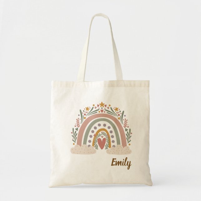 Custom Name Boho Rainbow Tote Bag (Front)