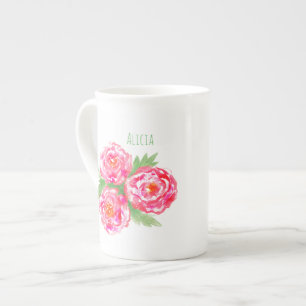 Custom Name Bone China Mug Roses Watercolor