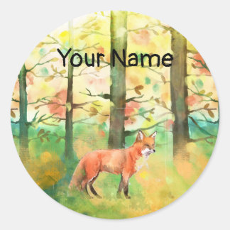 Custom Name Book Plate Cute Red Fox Autumn Fall Classic Round Sticker