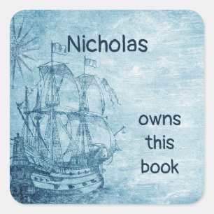 Custom Name Book Plate Vintage Sailing Ship Boat Square Sticker