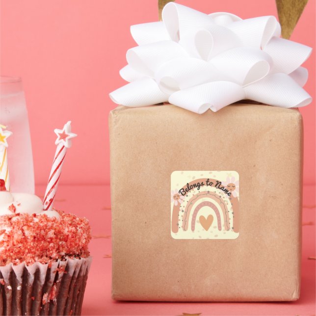 Custom Name Bookplate Cute Pastel Rainbow Square Sticker (Party)